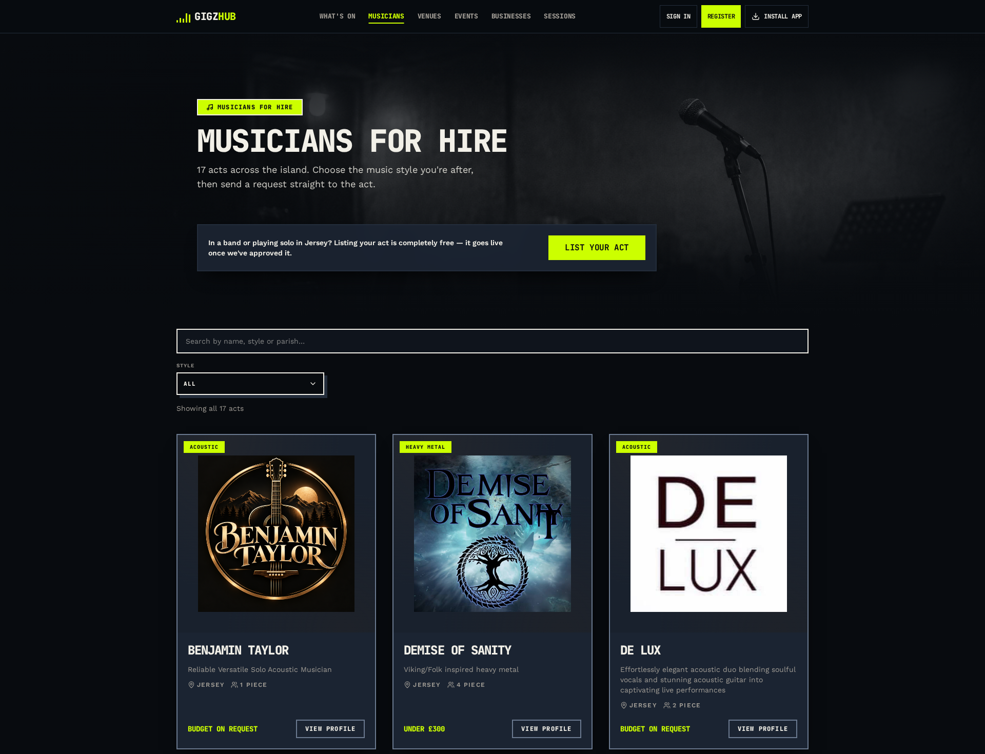 The musicians directory — browse every act on Gigz Hub